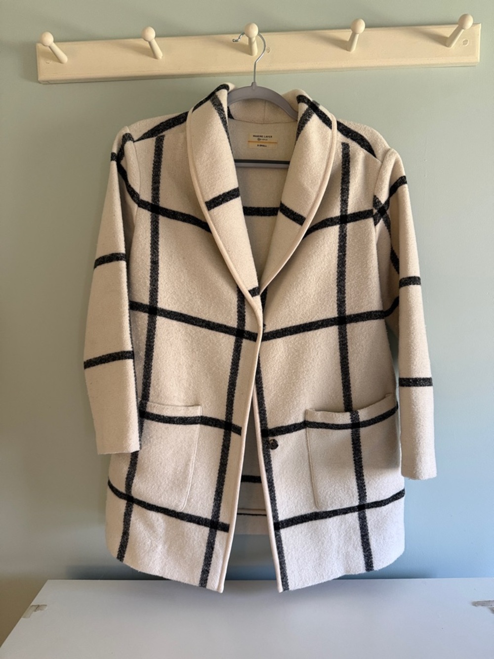 Marine Layer shawl collar coatigan jacket cream and Black Windowpane Check XS